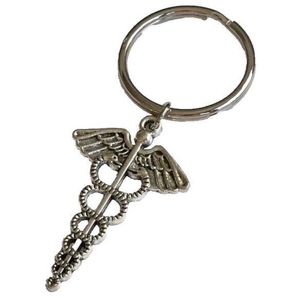 Silver Caduceus Keychain Keyring Medical Nursing Gift MD RN LPN DO ARNP - Picture 2 of 6